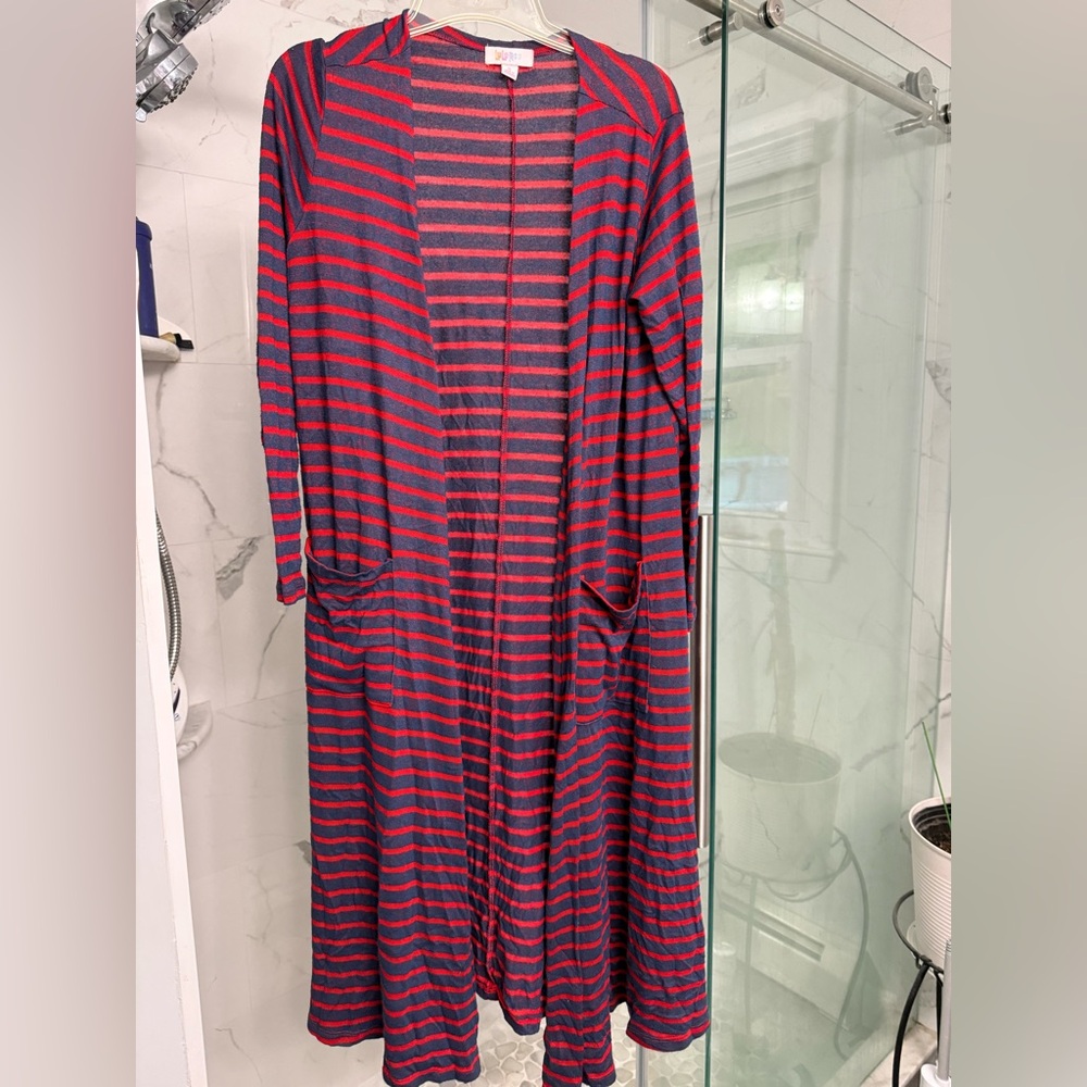LuLaRoe Striped Red and Navy Long Open Cardigan